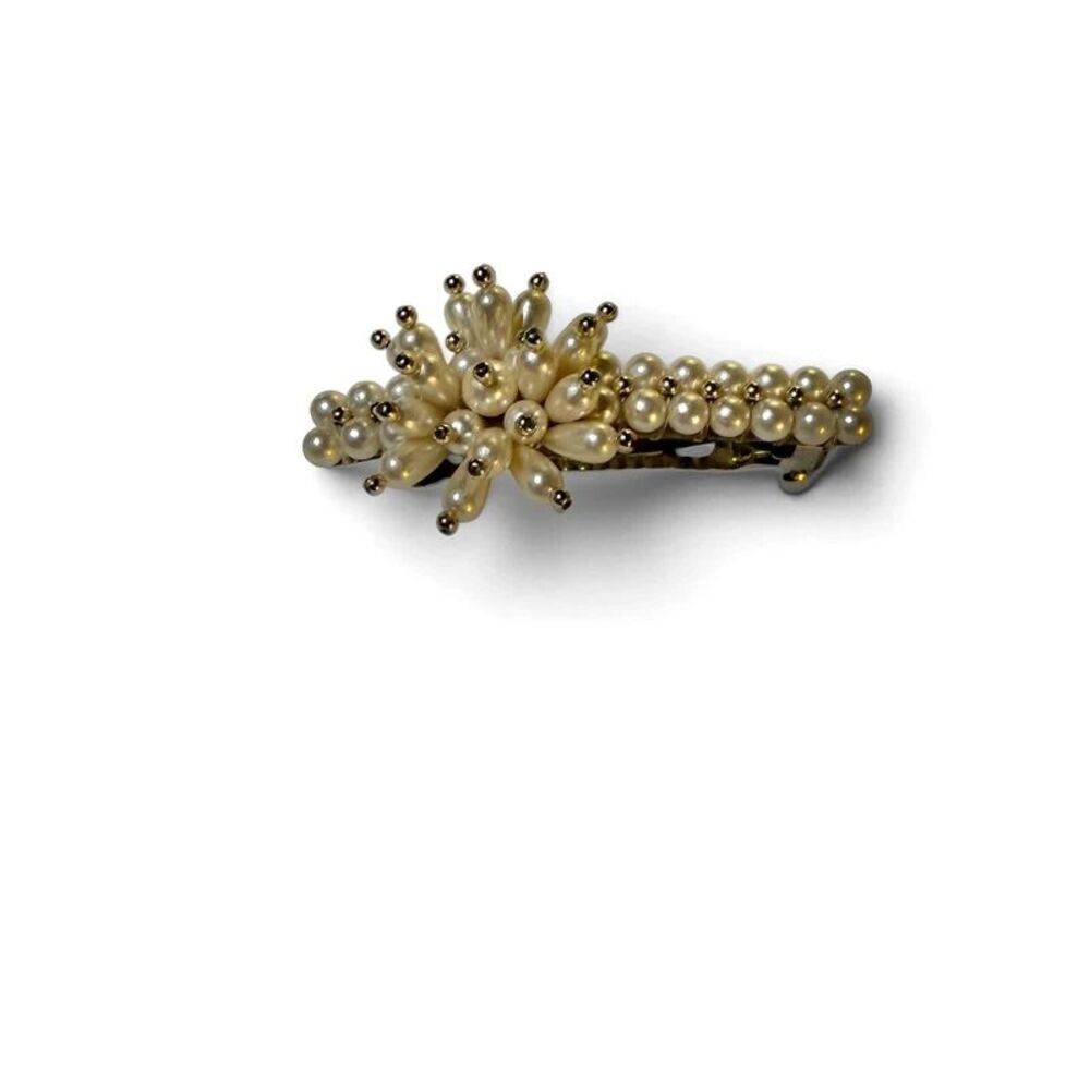 Vintage Y2K 1980s Retro Faux Pearl Beaded Floral Hair Barrette Clip